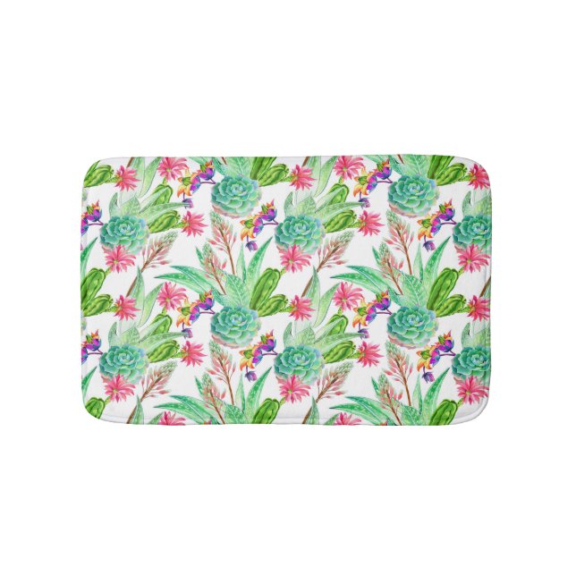 Bright Watercolor Cactus & Succulent Pattern Bath Mat (Front)