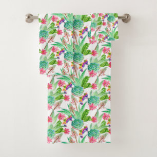 Bright Watercolor Cactus & Succulent Pattern Bath Towel Set