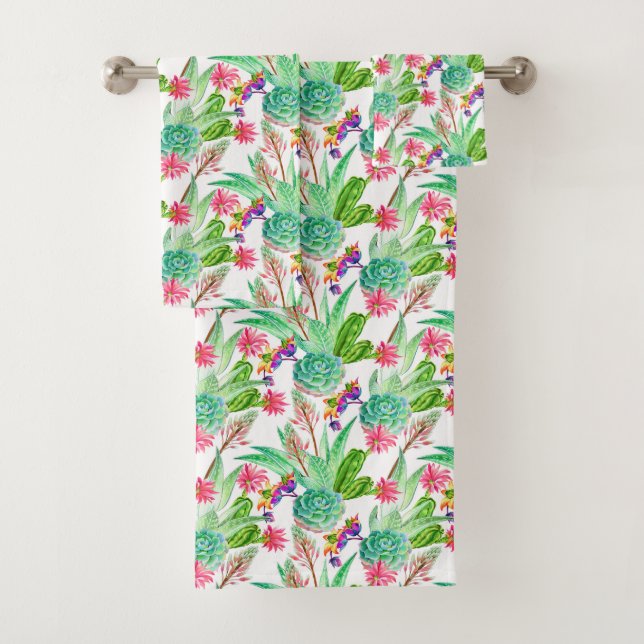 Bright Watercolor Cactus & Succulent Pattern Bath Towel Set (Insitu)