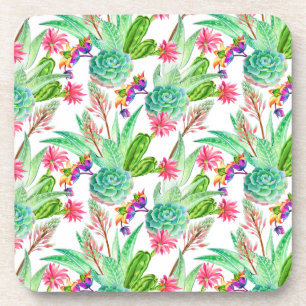 Bright Watercolor Cactus & Succulent Pattern Coaster