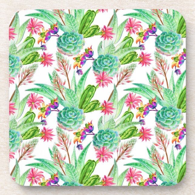 Bright Watercolor Cactus & Succulent Pattern Coaster (Front)