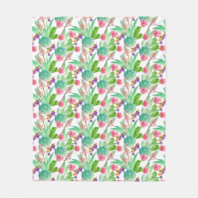 Bright Watercolor Cactus & Succulent Pattern Fleece Blanket (Front)