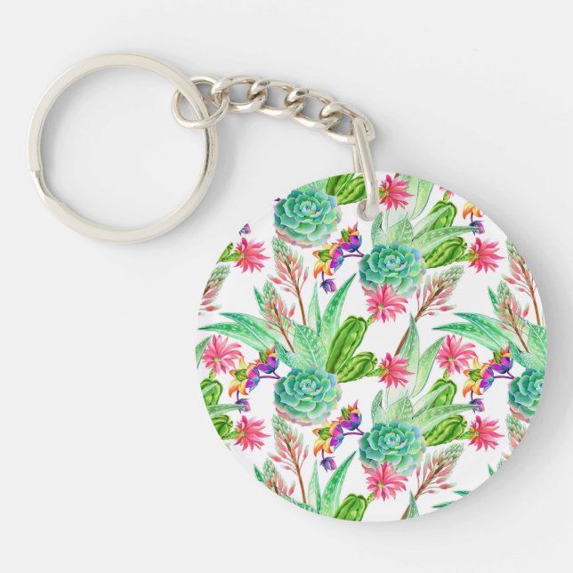Bright Watercolor Cactus & Succulent Pattern Keychain (Front)
