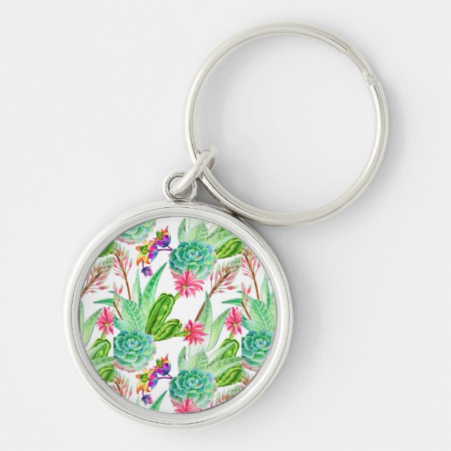 Bright Watercolor Cactus & Succulent Pattern Keychain (Front)