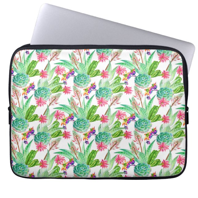Bright Watercolor Cactus & Succulent Pattern Laptop Sleeve (Front)