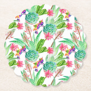 Bright Watercolor Cactus & Succulent Pattern Paper Coaster