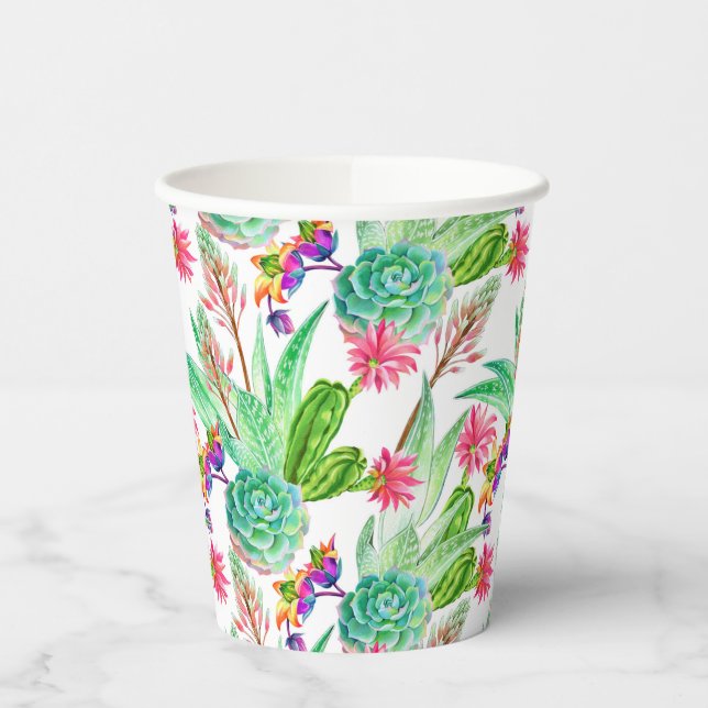 Bright Watercolor Cactus & Succulent Pattern Paper Cups (Left)