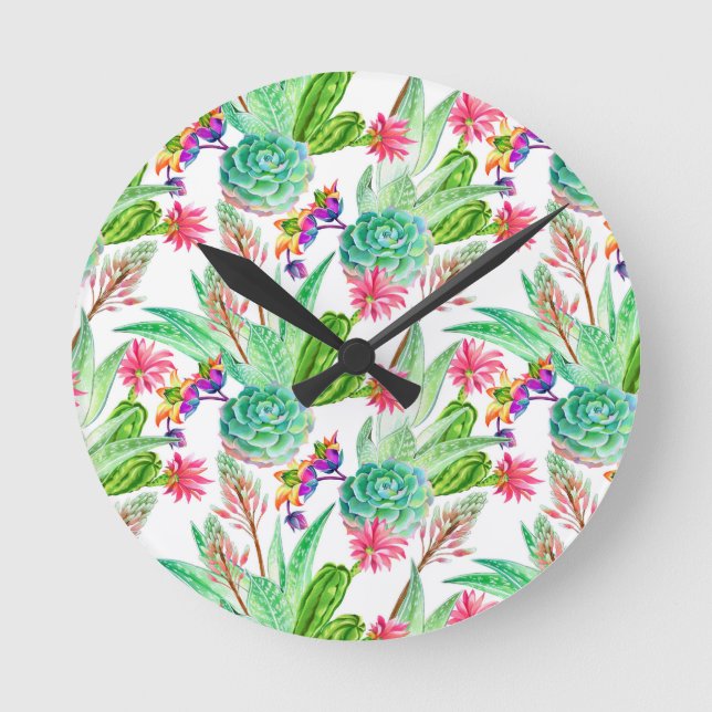 Bright Watercolor Cactus & Succulent Pattern Round Clock (Front)