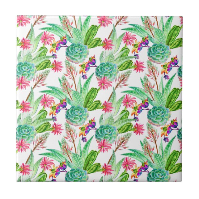 Bright Watercolor Cactus & Succulent Pattern Tile (Front)