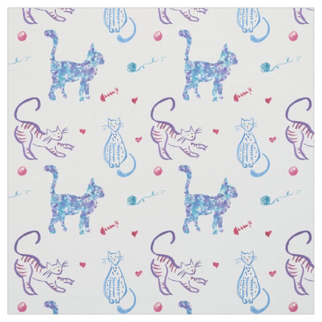 Bright watercolor cat graphic pattern design fabric (Swatch)