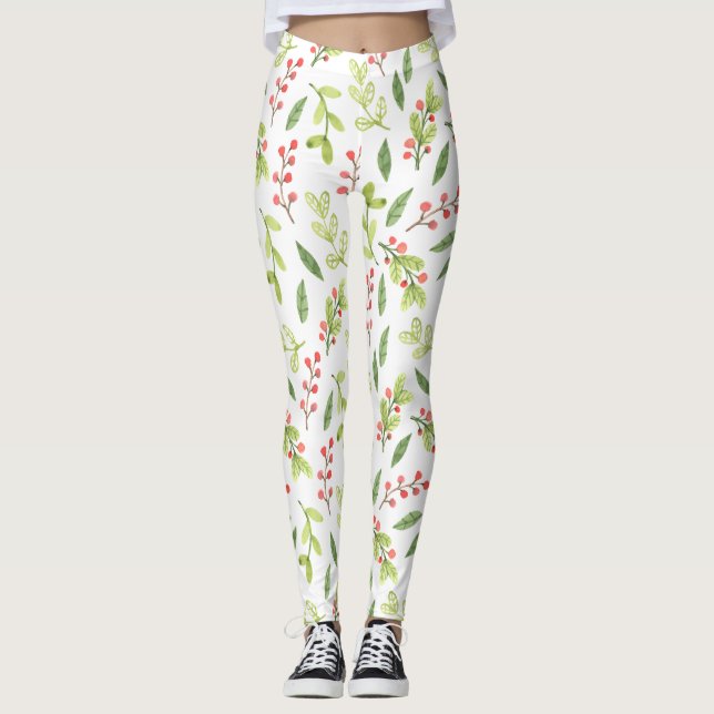 Bright Watercolor Christmas Mistletoe Pattern Leggings (Front)