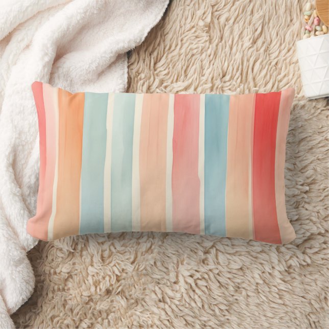 Bright Watercolor Colourful Stripe Pattern Lumbar Pillow (Blanket)
