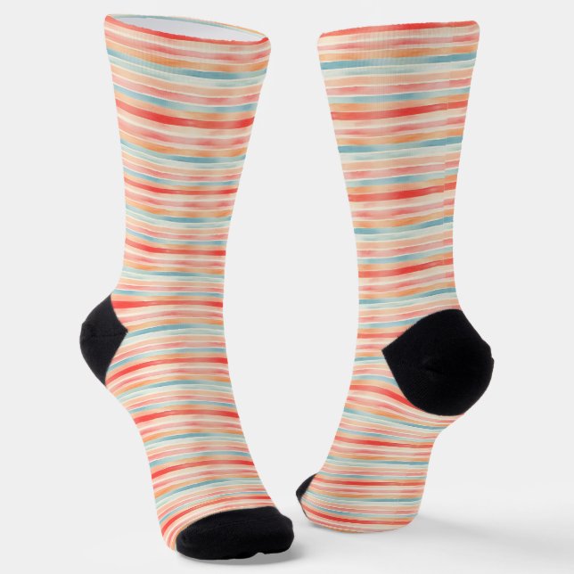 Bright Watercolor Colourful Stripe Pattern Socks (Angled)