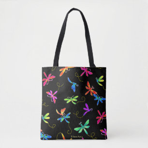 Bright Watercolor Dragonflies on Black Tote Bag