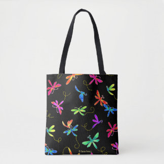 Bright Watercolor Dragonflies on Black Tote Bag