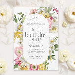 Bright Watercolor Floral 40th Birthday Party Invitation<br><div class="desc">A beautifully feminine birthday party invitation with an elegant watercolor floral frame in cheerful colours of yellow, pink, white and green make this invitation pop with stylish charm. Trendy type face pairings include a chic title in lower case font paired with modern sans serif. The guest of honour's name is...</div>