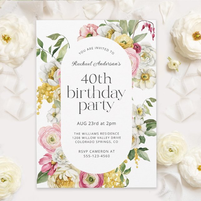 Bright Watercolor Floral 40th Birthday Party Invitation (Creator Uploaded)