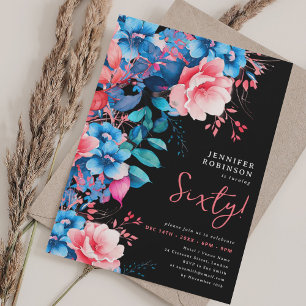Bright Watercolor Floral 60th Birthday Black Invitation