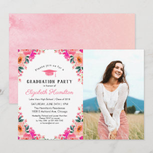 Bright Watercolor Floral Graduation Party Photo Invitation