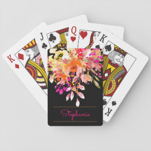 Bright Watercolor Floral + Modern Script Name Playing Cards