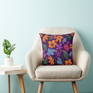 Bright Watercolor Floral Pattern Botanical Aesthet Throw Pillow