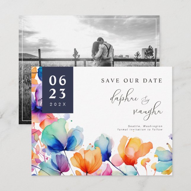 Bright Watercolor Floral Photo Save The Date (Front/Back)