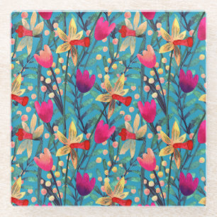 Bright Watercolor: Floral Seamless Design. Glass Coaster