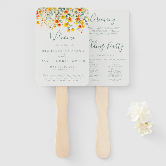 Bright Watercolor Floral Wedding Program Hand Fan (Front and Back)