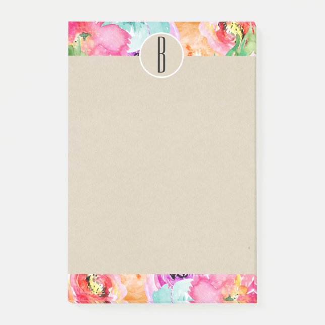 Bright Watercolor Flowers Kraft Monogram Initial Post-it Notes (Front)