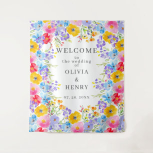 Bright Watercolor Flowers Welcome Wedding Tapestry