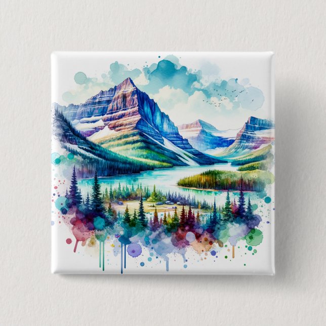 Bright Watercolor Glacier National Park  2 Inch Square Button (Front)
