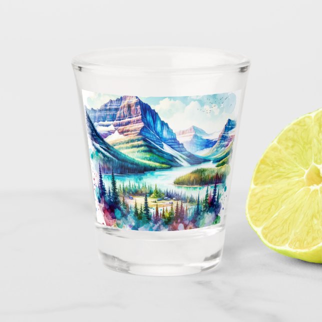 Bright Watercolor Glacier National Park  Shot Glass (Front)