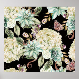 Bright Watercolor: Hydrangea Rose Pattern. Poster