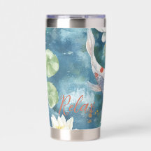 Bright Watercolor Koi fish on blue teal background
