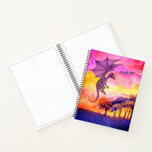 Bright Watercolor Purple Magical Flying Dragon Notebook