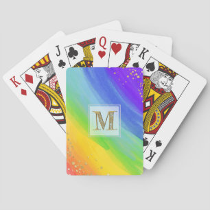 Bright Watercolor Rainbow and Gold Monogram Playing Cards