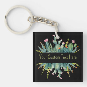 Bright Watercolor Succulent Cactus Custom Text  Keychain