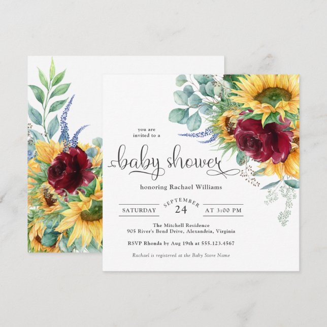 Bright Watercolor Sunflowers Baby Shower Invitation (Front/Back)