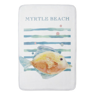 BRIGHT WATERCOLOR TROPICAL FISH, BEACH VACATION BATH MAT