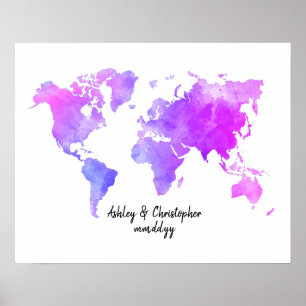 Bright Watercolor World Map Wedding Guest Book Art