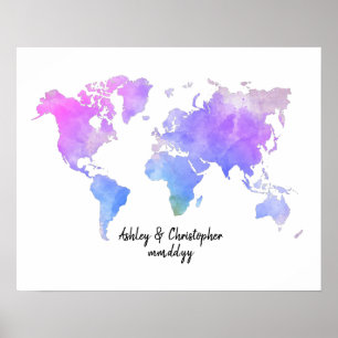 Bright Watercolor World Map Wedding Guest Book Art