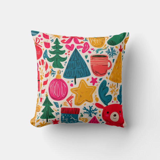Bright & Whimsical Christmas Doodle Pattern Throw Pillow (Front)