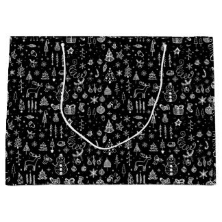 Bright white Black Boho Christmas Trees Snowman  Large Gift Bag