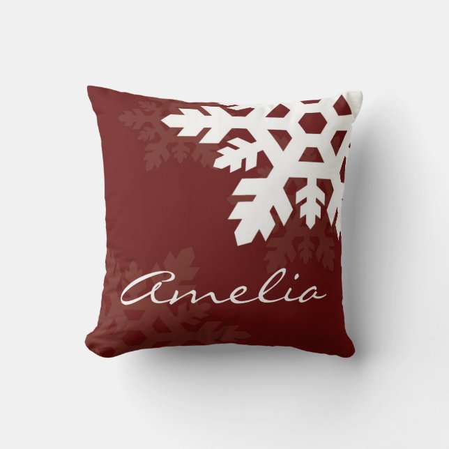 Bright, White Snowflakes against Dark Red Monogram Throw Pillow (Front)