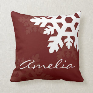 Bright, White Snowflakes against Dark Red Monogram Throw Pillow
