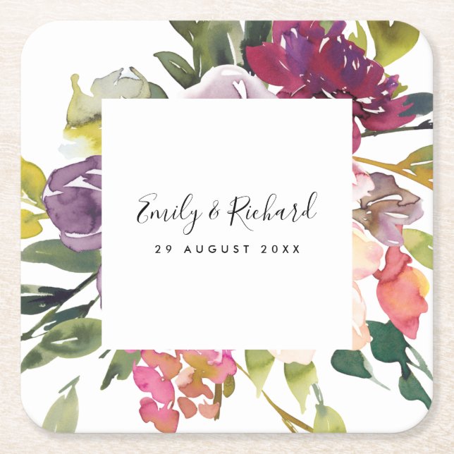 BRIGHT WHITE YELLOW BLUSH BURGUNDY FLORAL BUNCH SQUARE PAPER COASTER (Front)