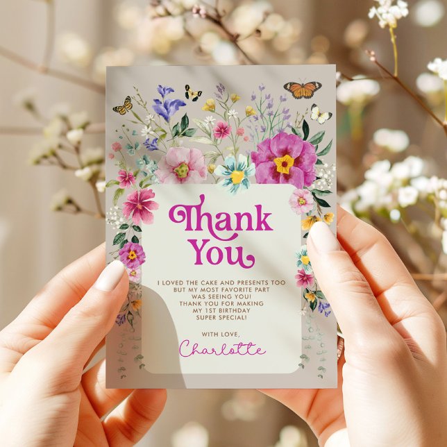 Bright Wild Flowers Butterfly 1st Birthday Thank You Card (Creator Uploaded)