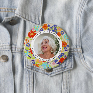 Bright Wildflower Memorial Photo Frame with Text 4 Inch Round Button