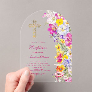 Bright Wildflowers Arch Baptism Acrylic Invitations