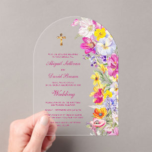 Bright Wildflowers Arch Religious Wedding Acrylic Invitations